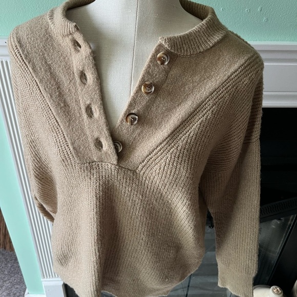 Tan Lightweight Button Up Crewneck Sweatshirt - Picture 2 of 3